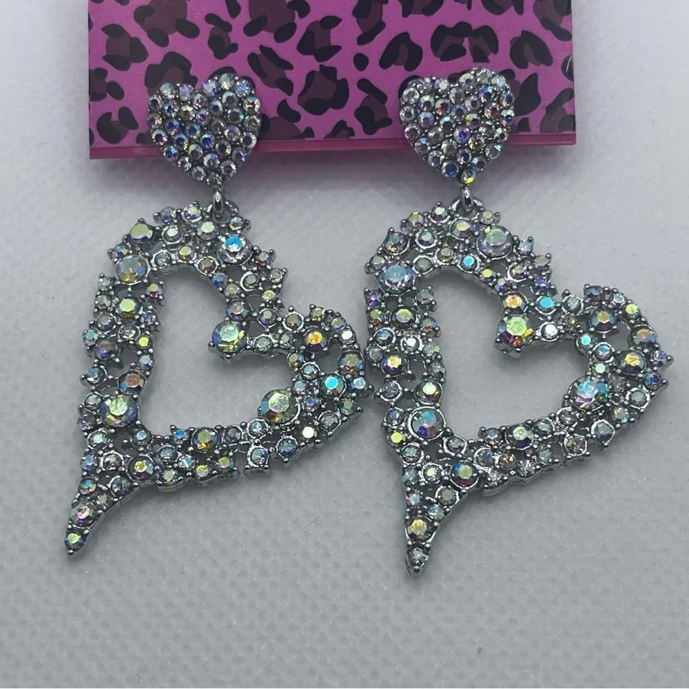 EARRINGS! Betsey Johnson Heart AB Crystal Post Dangle Earrings BNWT